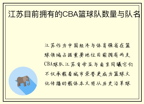 江苏目前拥有的CBA篮球队数量与队名