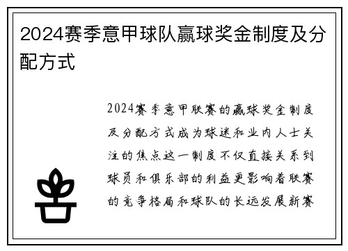 2024赛季意甲球队赢球奖金制度及分配方式